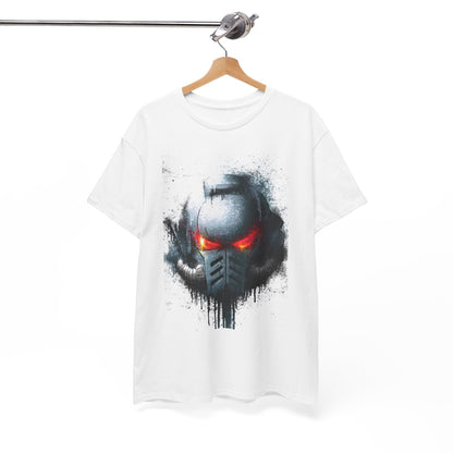 Elegant hanging display of a graphic t-shirt featuring an impressive helmet motif with glowing red eyes set against a subtle grey and black splash effect, tailored for a sophisticated urban look.