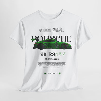 Luxury white Porsche 911 RS men's t-shirt featuring a striking graphic design of the sleek green car along with bold typography, ideal for performance enthusiasts and car lovers.