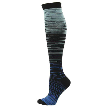 Dazzling Dreams Studio Men's and Women's activewear Flightwear Compression Stockings with a striking blue and grey design, ideal for athletes seeking maximum support and elegance during workouts.