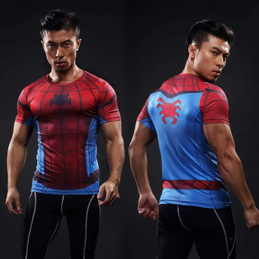 Men's luxury superhero short sleeve compression t-shirt featuring vibrant Spiderman design, showcasing muscle definition and stylish fit, perfect for fitness enthusiasts and casual outings.