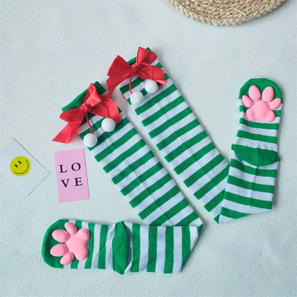Stylish green and white striped Playful Lolita 3D Cat Claw Compression Stockings for Women, complemented by bows and cute cat paw features, ideal for a chic look.