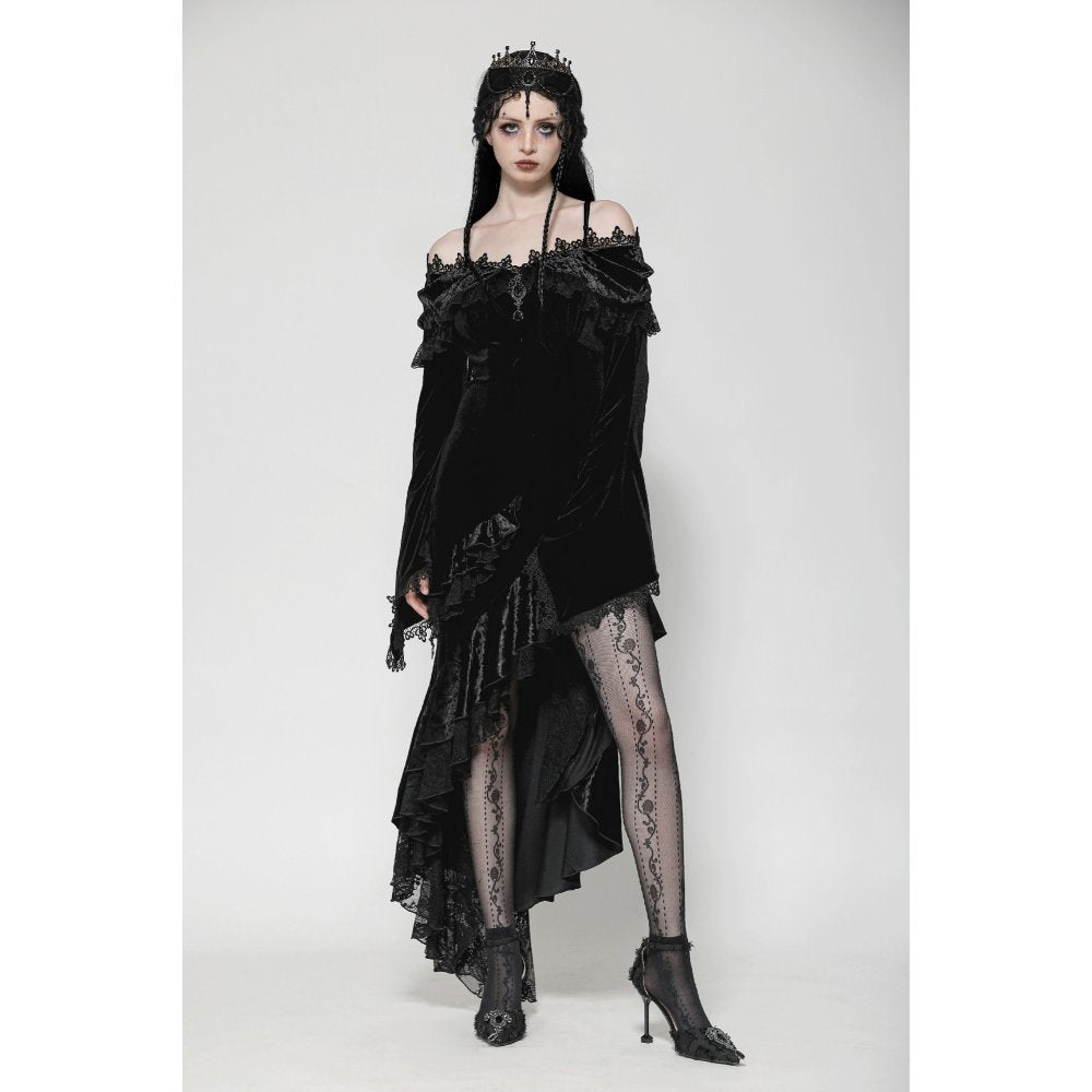 Model wearing the Gothic velvet off-shoulder mermaid dress with ruffle details, exuding a bold gothic glamour ideal for special occasions.
