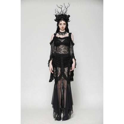 Dark in Love Nevaeh Gothic Lace and Mesh Mermaid Skirt showcasing intricate detailing and sheer design, perfect for elegant gothic fashion.