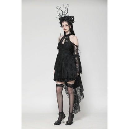 Back view of the Dark in Love Gothic Vine Lace Tail Dress demonstrating the beautiful lace overlay and asymmetrical design suitable for sophisticated events.