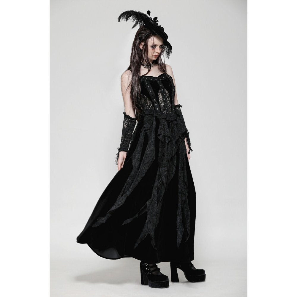 Model wearing the Dark in Love Fia Gothic Maxi Dress, illustrating the beautiful fit and style ideal for gothic-inspired occasions.