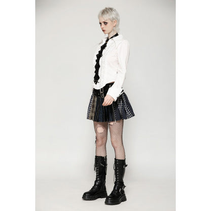 Alternative fashion statement piece, the Dark In Love sage mini skirt with its unique patchwork design and grunge-inspired aesthetic.