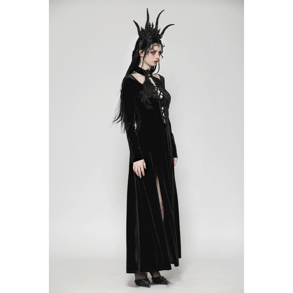 Model wearing the Dark in Love Vera Gothic Velvet High-Slit Maxi Dress, embodying gothic elegance and timeless style in a stunning ensemble.