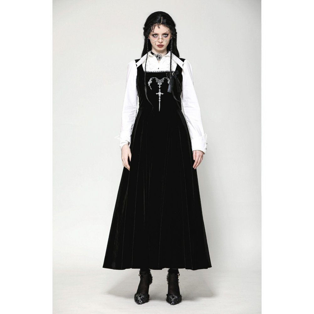 Close-up of the intricate horn embroidery on the Dark In Love Lux black velvet maxi dress, showcasing gothic elegance.