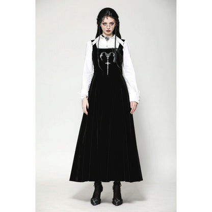 Close-up of the intricate horn embroidery on the Dark In Love Lux black velvet maxi dress, showcasing gothic elegance.