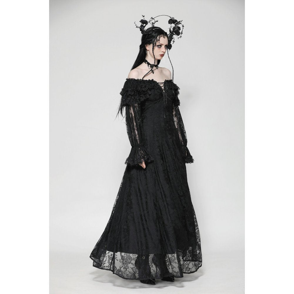 Woman styled in the Dark in Love Cosette Gothic Off-Shoulder Maxi Dress, paired with accessories to enhance the gothic elegance for special occasions.