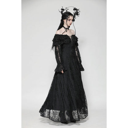 Woman styled in the Dark in Love Cosette Gothic Off-Shoulder Maxi Dress, paired with accessories to enhance the gothic elegance for special occasions.