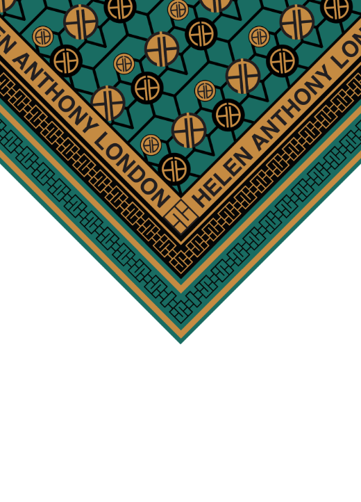 Elegant Helen Anthony exclusive scarf showcasing the signature monogram and geometric design, crafted from premium Italian silk, ideal for upscale fashion.