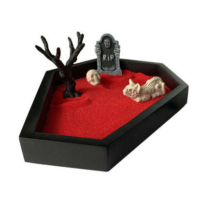 Halloween Sand Table Decoration Micro Landscape Sandbox Crafts showcasing a creatively designed micro landscape with red sand, tombstone, and decorative skeletons, perfect for luxurious holiday decor.
