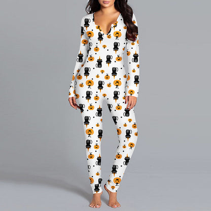 Fabulous Halloween Printed Jumpsuit in white, embellished with whimsical pumpkin designs, perfect for a fashionable Halloween living experience.