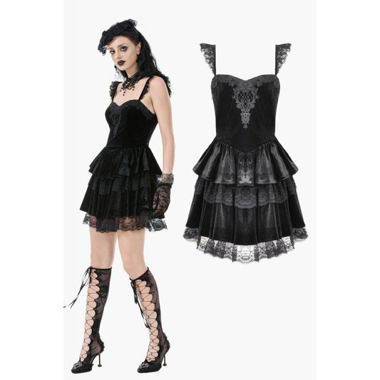 Elegant Black Gothic Dress featuring Ruffled Velvet and Lace, designed by Dark in Love, available in sizes XS to 4XL, perfect for vintage romance and gothic fashion.
