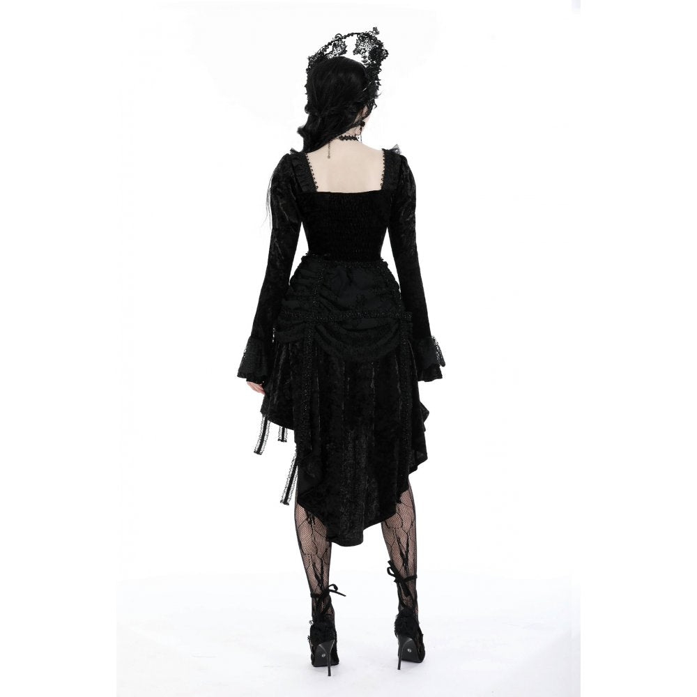 Model showcasing the Dark in Love Seraphina Goth Dress at a gothic soirée, exuding baroque romance and witchy elegance.