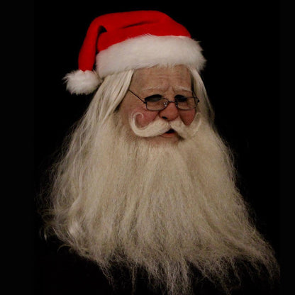 Old White Mask Bald Old Latex Headgear showcasing a distinguished Santa Claus figure with long white hair and a festive red hat, ideal for holiday celebrations.