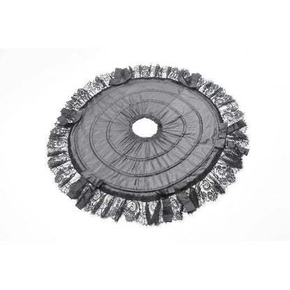 Full length view of the Dark In Love Valeria Gothic Mini Petticoat styled under a short dress, exemplifying its enchanting texture and form.