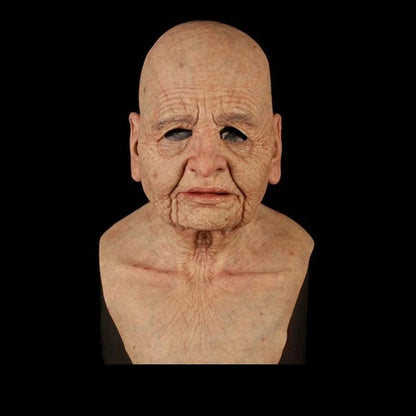 Old White Mask Bald Old Latex Headgear showcasing intricate details and aged features, perfect for Halloween costume transformations.
