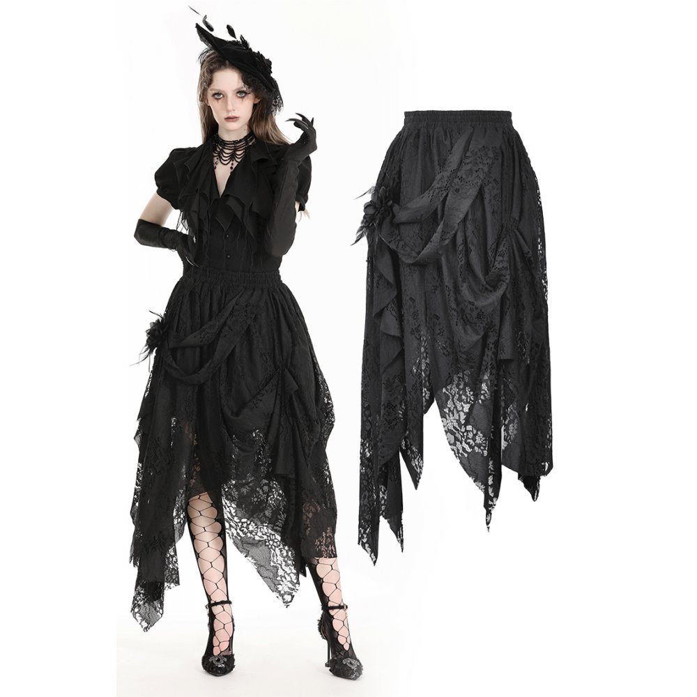 Elegant Dark in Love Abella Distressed Lace Midi Skirt featuring intricate floral decorations, showcasing its unique design and luxurious texture for a striking fashion statement.