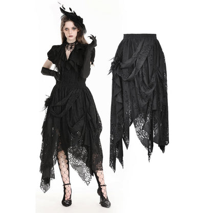Elegant Dark in Love Abella Distressed Lace Midi Skirt featuring intricate floral decorations, showcasing its unique design and luxurious texture for a striking fashion statement.