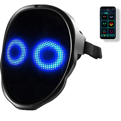 Smart LED mask featuring a glowing blue display connected to a mobile app, epitomising innovation and style for Halloween parties and festive gatherings.