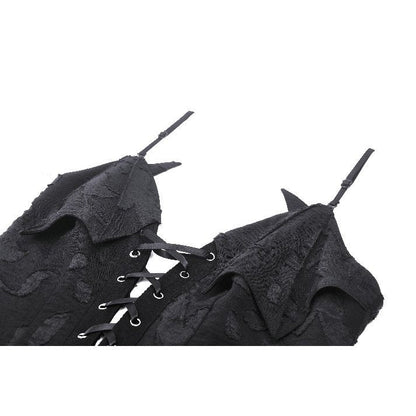 Artful detail shot of the Dark in Love Zemira Plunge Dress fabric, featuring mesmerizing floral texture and elegant lace-up neckline, ideal for unique fashion statements.