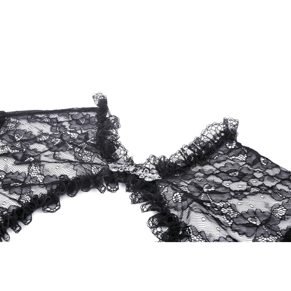 Intricate Scalloped Trim Detail of Dark In Love Belladonna Lace Shrug, highlighting craftsmanship for alternative styles.