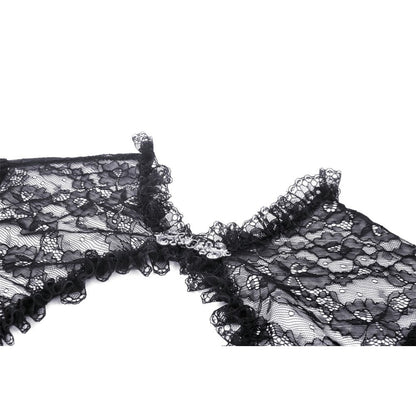 Intricate Scalloped Trim Detail of Dark In Love Belladonna Lace Shrug, highlighting craftsmanship for alternative styles.