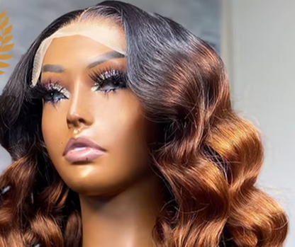 Model styling the Ombre Blonde Deep Wave Wig with a natural hairline, embodying elegance and confidence in luxury hair fashion.