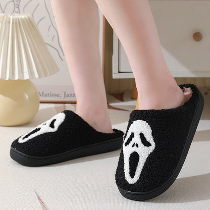 Sophisticated Halloween Skull Cartoon Print Slippers worn elegantly, highlighting the plush interior and stylish black exterior, designed for winter coziness.