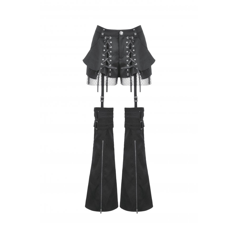 Black Lace-Up Layered Trousers from Dark In Love, highlighting the metal eyelets and front lacing as striking gothic fashion.
