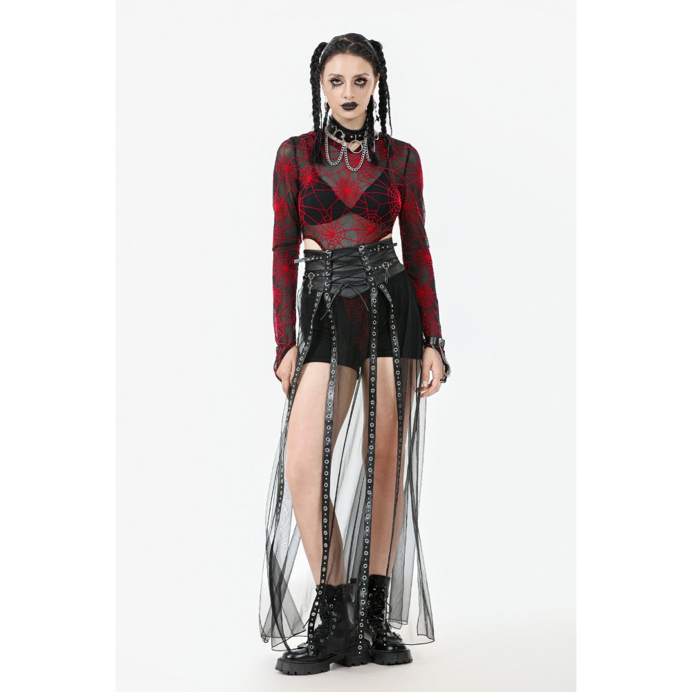 Close-up view of the Dark in Love Gothic Sheer Mesh Maxi Skirt highlighting the intricate O-ring design on the corset belt, complemented by the flowing sheer mesh material perfect for gothic-inspired attire.