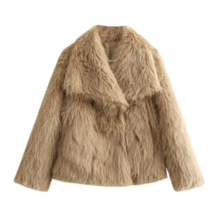 Luxurious Winter Plush Coat with Classic Lapel Collar - Stylish Long Sleeve Outerwear featuring chic beige texturing, designed for comfort and style.