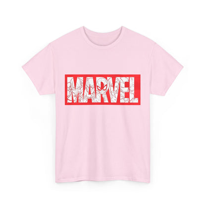 Front view of the delightful pink 'MARVEL' graphic tee, featuring eye-catching typography and superhero outlines, a luxurious statement piece for fans.