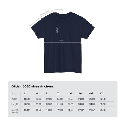 Detailed size chart for a classic navy blue t-shirt, featuring precise measurements for an impeccable fit, ideal for those who appreciate quality and style.
