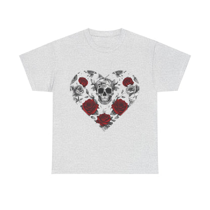 Refined Skulls and Roses Cotton Tee in a light grey tone, featuring a beautifully crafted heart design that combines gothic skull art with romantic roses.