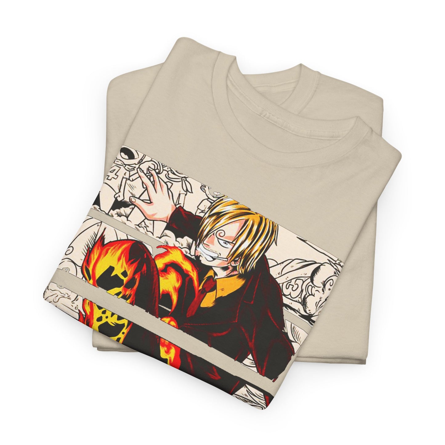 Artfully folded beige t-shirts featuring Sanji's dynamic design, showcasing intricate illustrations against a stylish background.