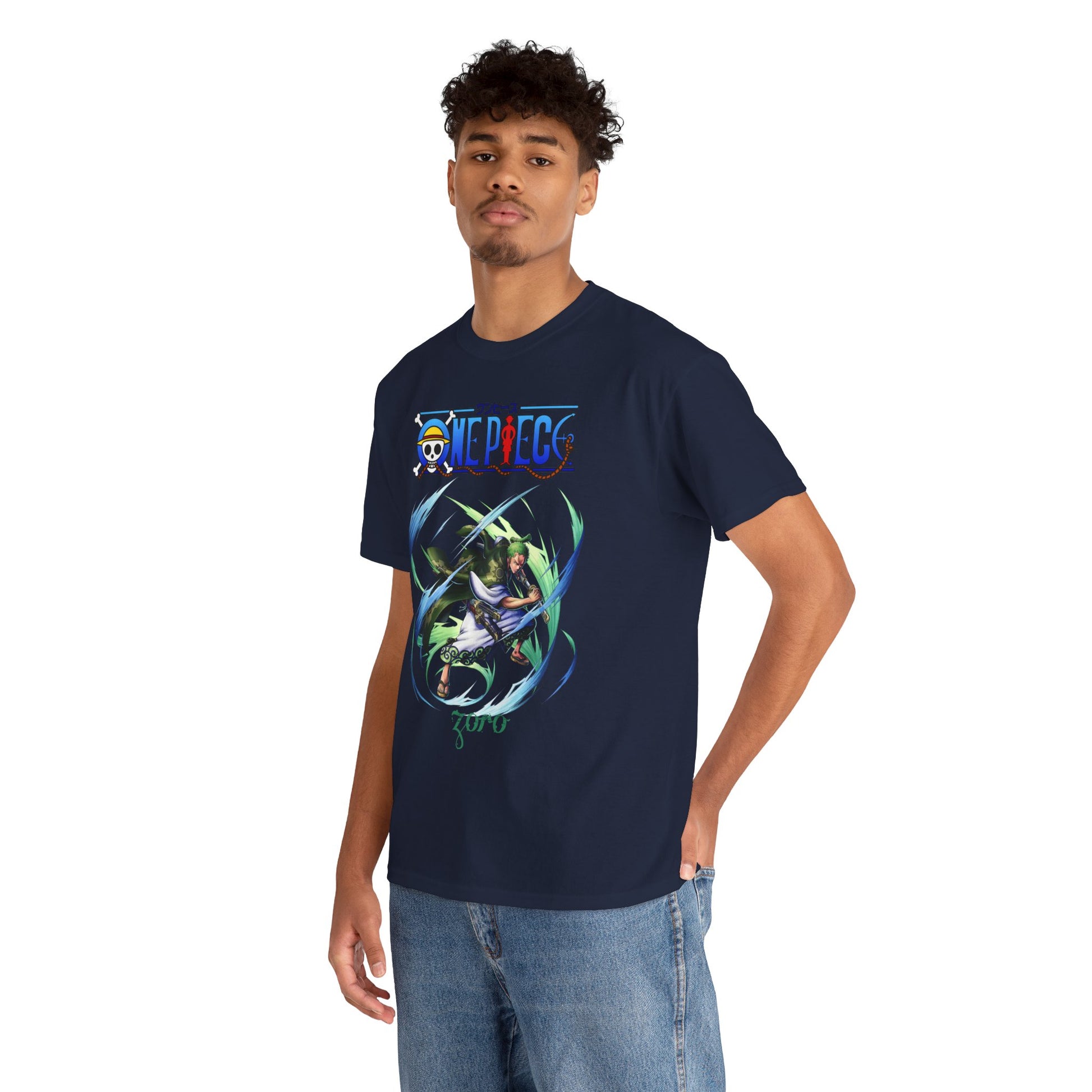 Sophisticated men's navy t-shirt with Zoro from One Piece prominently featured, worn by a model, showcasing a blend of trendy style and anime passion.