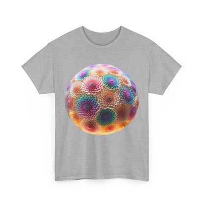 Front view of the Iridescent Floral Sphere Unisex Cotton Tee Graphic T Shirt featuring an artistic, vibrant floral sphere print that adds elegance to any outfit.