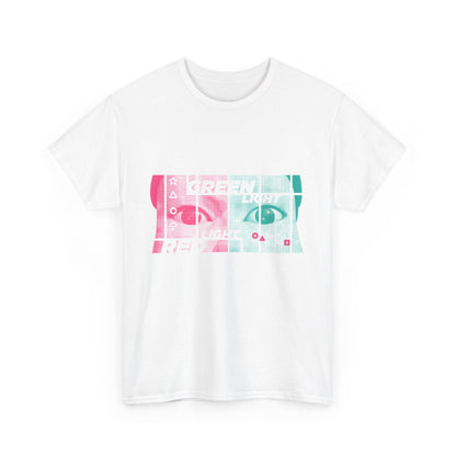 Sophisticated white Squid Game unisex T-shirt showcasing a striking print of 'GREEN LIGHT' and 'RED LIGHT', perfect for admirers of contemporary graphic fashion.