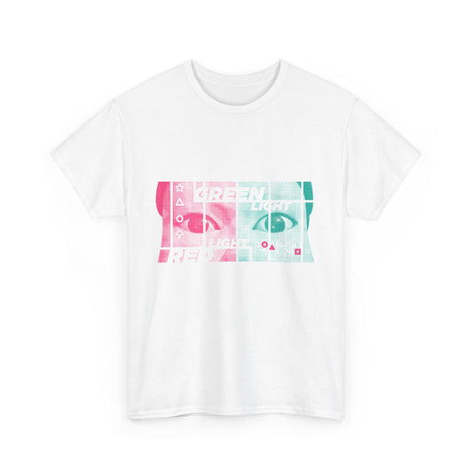 Sophisticated white Squid Game unisex T-shirt showcasing a striking print of 'GREEN LIGHT' and 'RED LIGHT', perfect for admirers of contemporary graphic fashion.