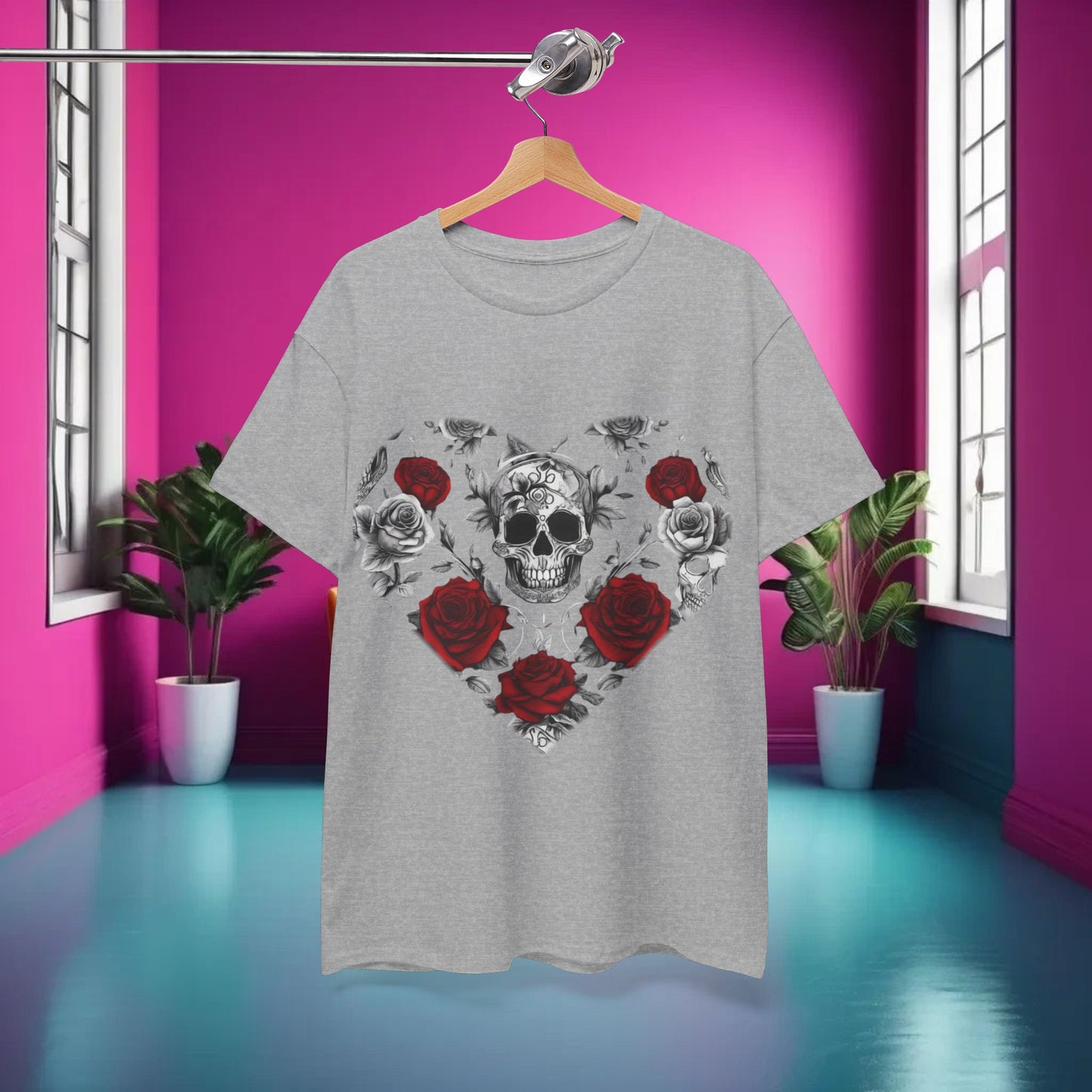 Skulls and Roses Cotton Tee, Unisex Graphic Shirt, 7 color choice