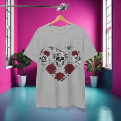 Skulls and Roses Cotton Tee displayed on a hanger in a chic interior setting, showcasing the striking steampunk design of a skull surrounded by elegant roses, perfect for alternative fashion lovers.