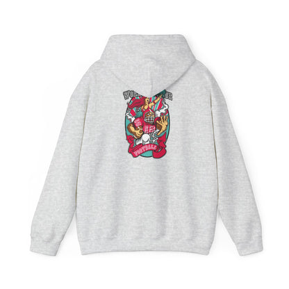 Stylish grey back print hoodie with bold American football graphics, ideal for expressing team spirit in high fashion.