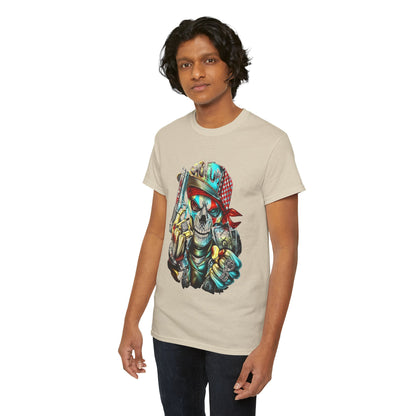Trendy t-shirt with a captivating skull design on an elegant model, presenting a fashionable fusion of art and attitude in urban streetwear.