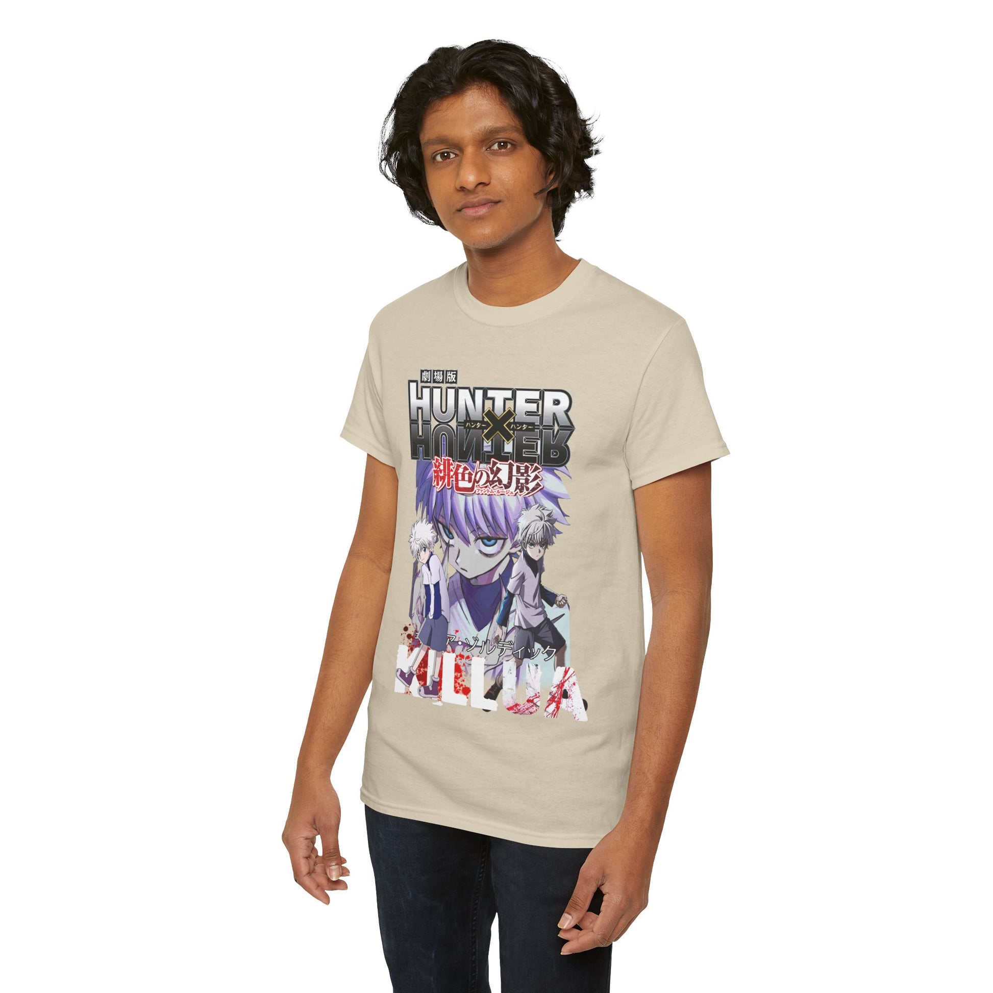 Chic male model showcasing a beige Hunter x Hunter t-shirt with Killua and Gon design, a must-have statement for anime fans.