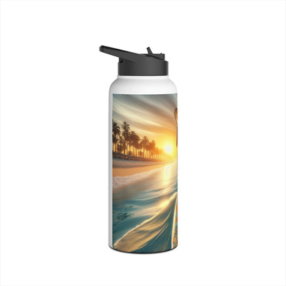 Luxury Fantasy Paddleboarding Stainless Steel Water Bottle with sunset backdrop and palm trees, perfect for outdoor adventures.