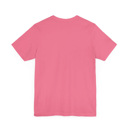 Back view of a luxurious unisex short sleeve tee in vibrant pink inspired by Sabrina Carpenter, featuring a comfortable fit.