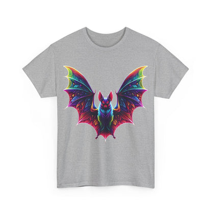 Front view of the Radiant Evolution Bat Tee in grey, displaying the colourful bat graphic, combining art and luxury effortlessly.